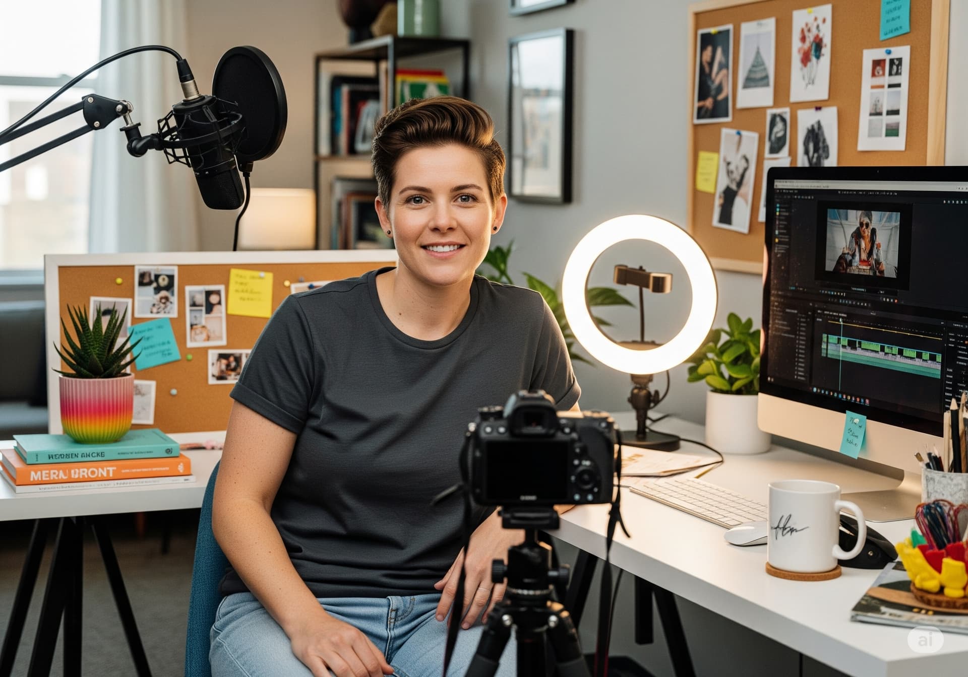 Content creator using AI-powered video editing and content generation tools